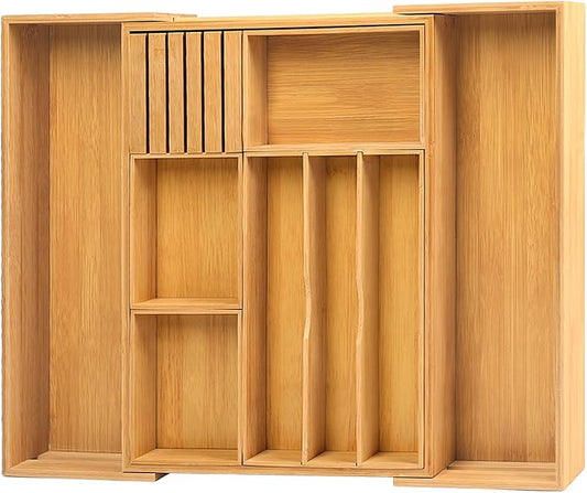 comfoyar Bamboo Kitchen Drawer Organizer, Expandable Silverware Cutlery Tray with Removable Grooved Drawer Dividers and Knife Block, for Flatware and Kitchen Utensils, 3-10 Slots Natural