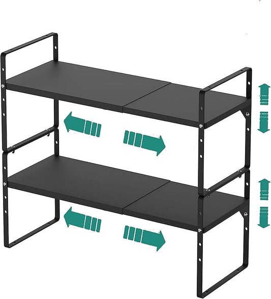 Expandable Cabinet Shelf Organizer Rack, Stackable Kitchen Counter Storage Shelves Stand, Adjustable Height Pantry Shelf Spice Rack, Heavy Duty Nonslip Black Small 2Pack
