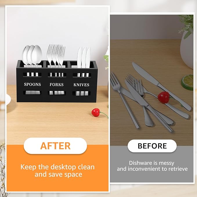 Silverware Caddy, Wood Utensil Caddy with 3 Compartments, Large Capacity Silverware Holder, Multipurpose Utensil Holder, Flatware Caddy, Stylish Cutlery Holder for Forks Spoons Cutters (Black)