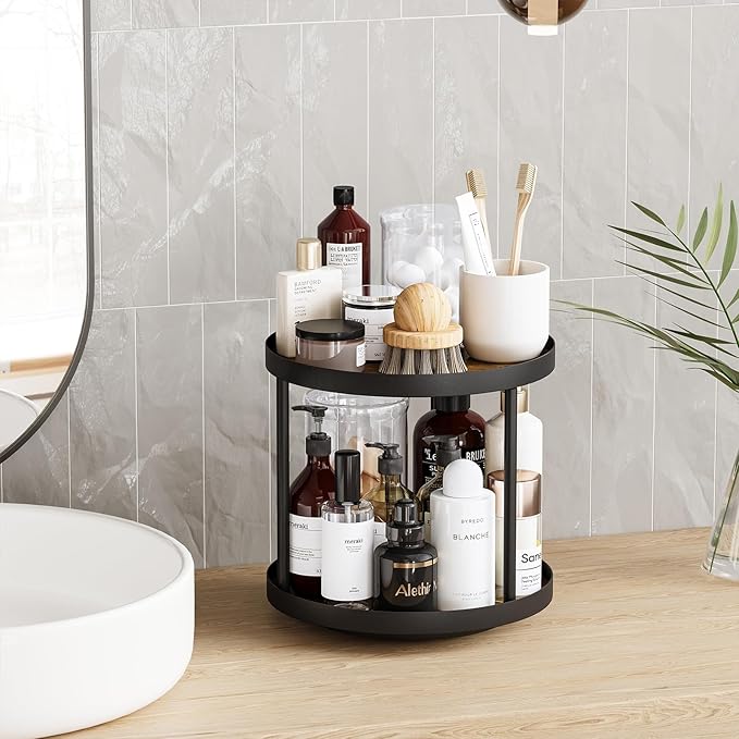 Giikin 2 Tier Lazy Susan Organizer, Two Tier Lazy Susan Turntable for Kitchen Countertop Spice Rack Organizer (Rustic Brown, 9.8" x 9.8" x 8.8")