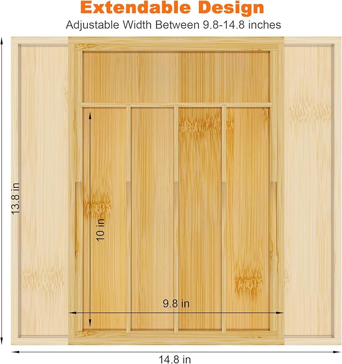 Bamboo Utensil Organizer for Kitchen Drawers, Expandable Utensil Tray and Cutlery Silverware Holder,Wood Drawer Dividers with 7 Adjustable Slots