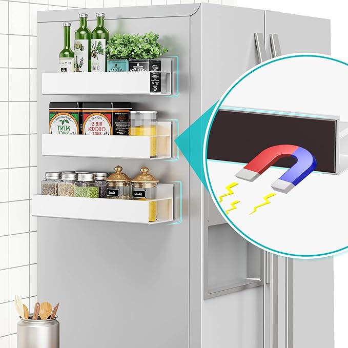 3 Pack Moveable Fridge Magnetic Spice Racks,Metal White