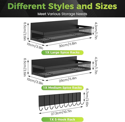 3 Pack Strong Magnetic Spice Rack for Refrigerator on Oven, Movable Kitchen Organizers and Storage for Spices Shelf, Wall Mounted Spice Rack Metal Fridge Shelf for Kitchen in Black