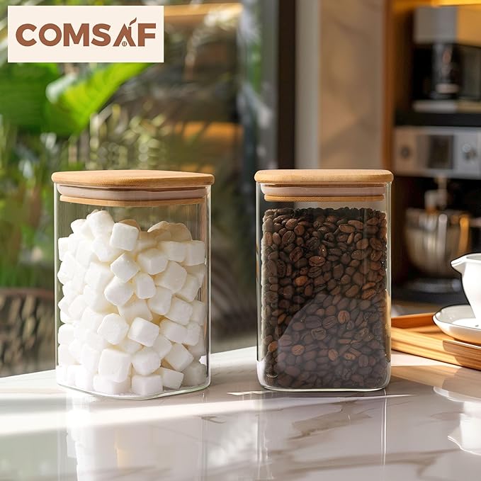 ComSaf 37oz Glass Storage Containers with Lids, Glass Jars with Lids, Clear Food Storage Jar, Square Glass Canister Set of 9, Pantry Organizers and Storage for Cookie Flour Oat Pasta Tea Coffee Bean