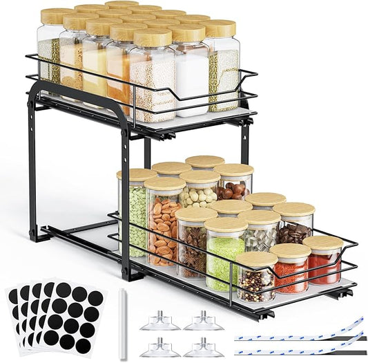 Spice Rack Organizer for Cabinet - 2-Tier Vertical Pull Out Spice Rack, Heavy Duty Metal Spice Shelf with Easy to Install Design, Fits Countertop, Cabinet & Pantry