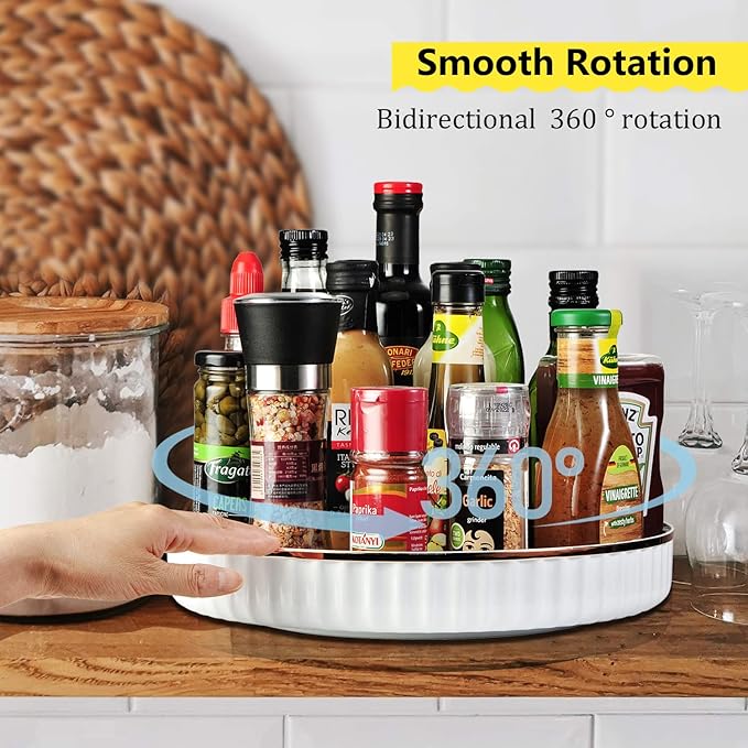 2 Pack 10" Fluted Lazy Susan Organizer, Turntable Spice Rack for Cabinet, Kitchen, Pantry Organizer and Storage, Fridge, Bathroom Vanity Countertop, Under Sink Organizing, Expandable Lazy Susan-White