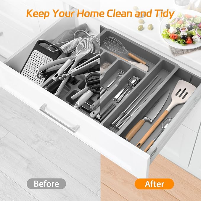 iDavosic.ly Silverware Drawer Organizer, Expandable Utensil Tray for Kitchen, Large Adjustable Plastic Cutlery Flatware Holder for Knife Fork Spoon with 8-10 Compartments, Gray