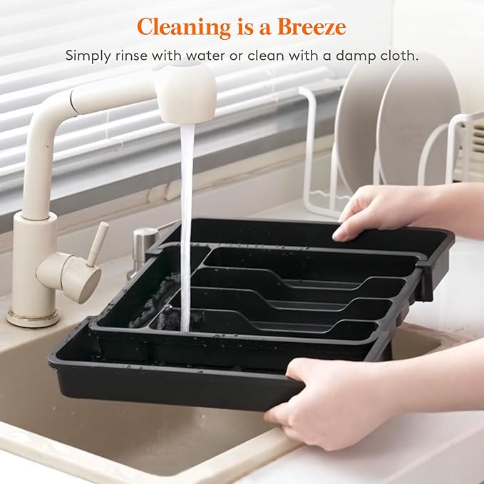 Lifewit Small Silverware Drawer Organizer, Expandable BPA Free Utensil Tray for Kitchen, Adjustable Flatware and Cutlery Holder for Spoons Forks Knives, Plastic Kitchen Organizers and Storage, Black