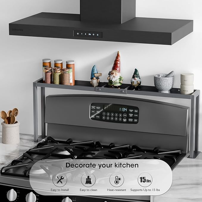 Bumusty Spice Rack Shelf for Kitchen Stove, 32" Stove Top Shelf, Stove Shelf for Back of Stove, Over the Stove Shelf, Kitchen Organizers, Oven Shelf for Top of Stove, Grey