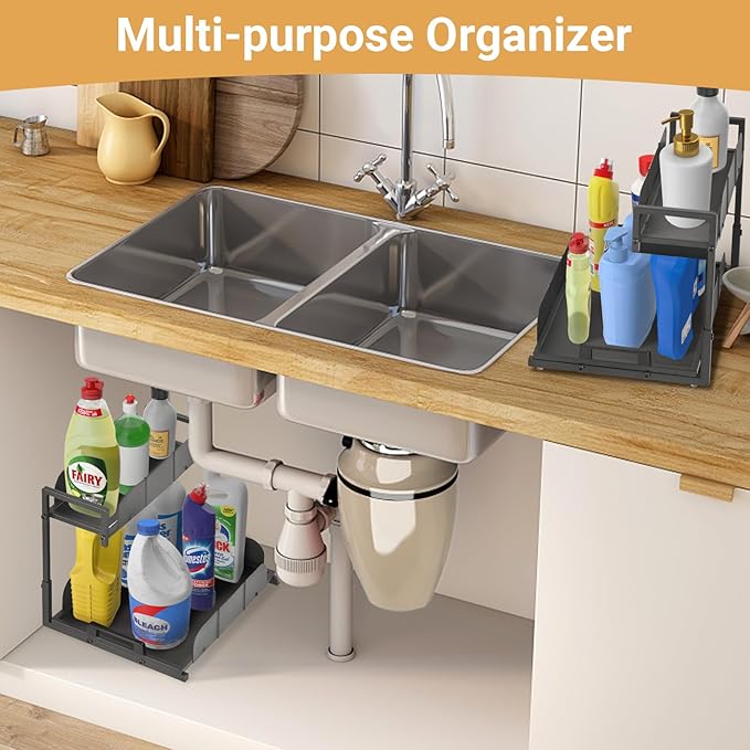 Under Kitchen Sink Organizer, 2 Tier Metal Pull Out Cabinet Organizer with Sliding Drawer, Heavy Duty Bathroom Organizers and Storage Shelf, Storage and organization for Home,Laundry,Office, 2 Pack
