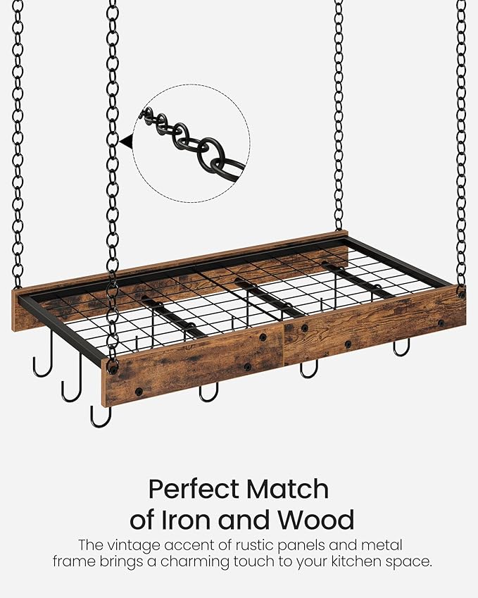 Hanging Pot Rack, Vintage Pot Hangers for Kitchen, Ceiling Mounted Pot Rack, Pot and Pan Hanging Rack with 12 S-Shaped Hooks, for Cookware Storage, Rustic Brown and Black TPR01BF