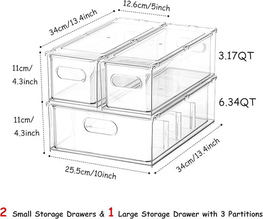 3 Pack Refrigerator Organizer Bins with Pull-out Drawer, Stackable Fridge Drawer Organizer Set with Handle, Clear Plastic Food Storage Containers for Freezer, Cabinet, Kitchen, Pantry
