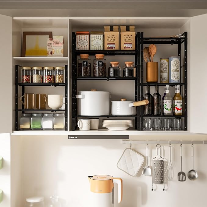 Cabinet Organizer Shelf,Expandable Adjustable Stackable Kitchen Organizer,Metal Shelf risers for cabinets, Kitchens and desks(3Packs/Black/Medium)