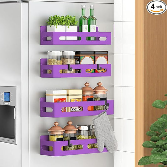 4 Pack Magnetic Spice Rack for Refrigerator, Spice Rack Organizer, Moveable Magnetic Shelf Fridge Organizer with 4 Hooks for Kitchen and Oven Organization, Black, Purple