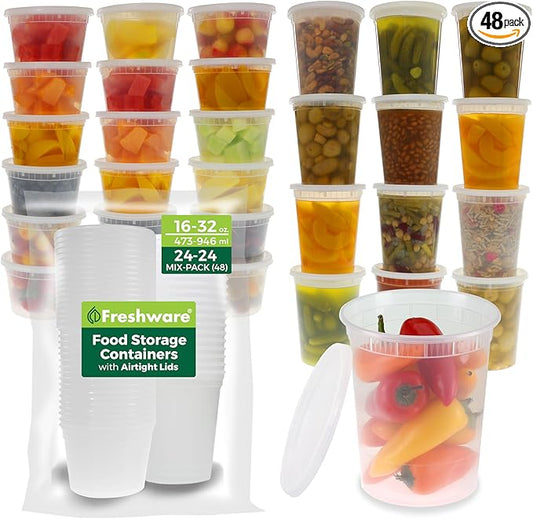 Freshware 48 Pack of 16 and 32 oz, 24 sets each size Food Storage Containers with Lids, Plastic Deli Containers, Meal Prep Containers, Microwave and Freezer Safe, Stackable, Leakproof, BPA Free, Clear