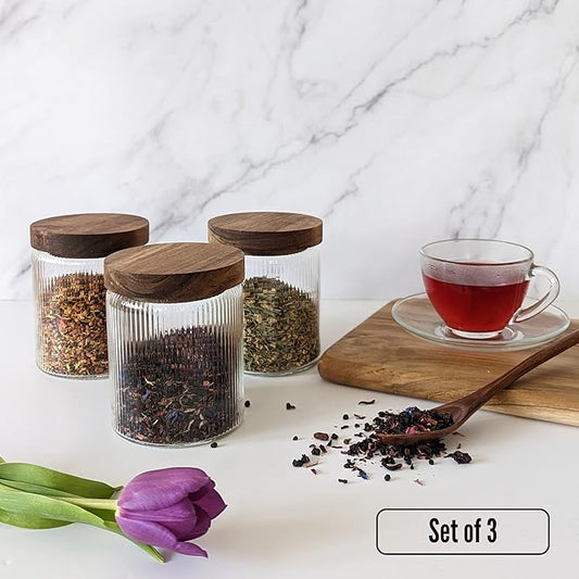 Mason & Fable Ribbed Glass Jar with Wooden Lid 17oz, Set of 3 | Airtight Fluted Storage Canisters for Food, Tea, Coffee, Candy/Spice | Organization Canisters for Home & Kitchen
