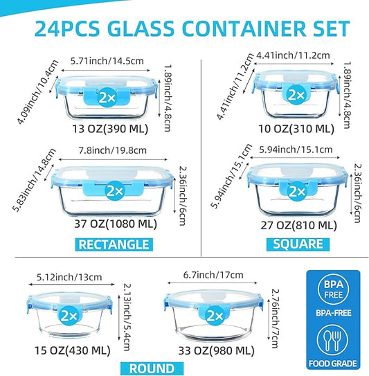 UMEIED 12 PACK Glass Food Storage Containers with Leak Proof Lids, Glass Airtight Meal Prep Containers Set for Lunch, On the Go, Leftover, Kitchen Pantry Organizers and Storage (Blue)