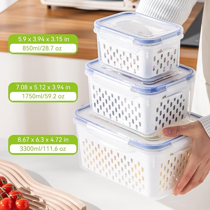 3 Pack Fruit Storage Containers for Fridge, Airtight Food Storage Containers with Removable Colander, Produce Saver Organizers Storage for Refrigerator, Keep Fruit Vegetable Meat Berry Fresh Longer