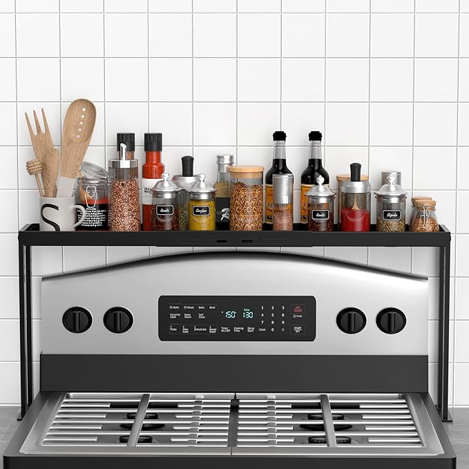 Stove Top Shelf, Kitchen Over Shelf for Stove, Stove Spice Rack for Top, Adjustable 27-33inch, Fits Various Stove Lengths, Kitchen Spice Organizer, Condiments and BBQ Sauces, Black