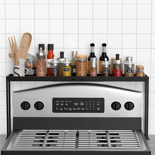 Stove Top Shelf, Kitchen Over Shelf for Stove, Stove Spice Rack for Top, Adjustable 27-33inch, Fits Various Stove Lengths, Kitchen Spice Organizer, Condiments and BBQ Sauces, Black