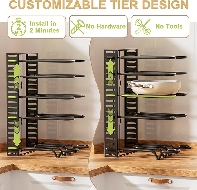 Pot Rack Organizer for Cabinet - Adjustable Pot Lid Holder & Pan Organizer Rack, Heavy-Duty Steel Cookware Storage for Kitchen Cabinet & Drawer Organization, Fits Pots, Pans, Lids
