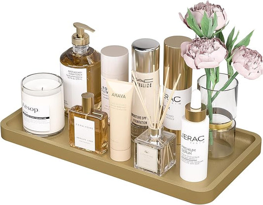 Weenson Gold Bathroom Vanity Tray for Countertop Perfume Makeup Jewelry Decor Candle, Bamboo Kitchen Tray for Soap Dispenser Spice Coffee, Toilet Tank Tray 11.81”L x 6.1”W x 0.79”H