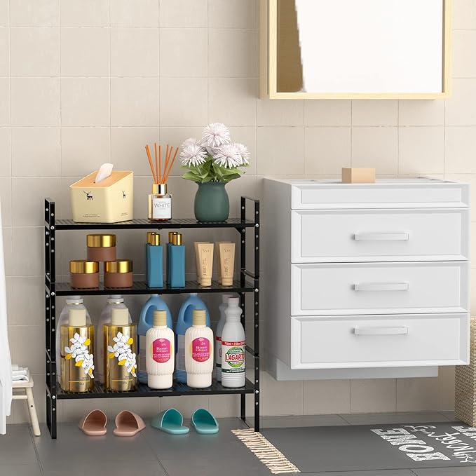 Expandable Kitchen Cabinet Shelf Organizers 3 Pack, Stackable Metal Pantry Storage Shelves Rack, Adjustable Counter Spice Shelf for Cabinets, Countertop, Cupboard Organizers and Storage, Black