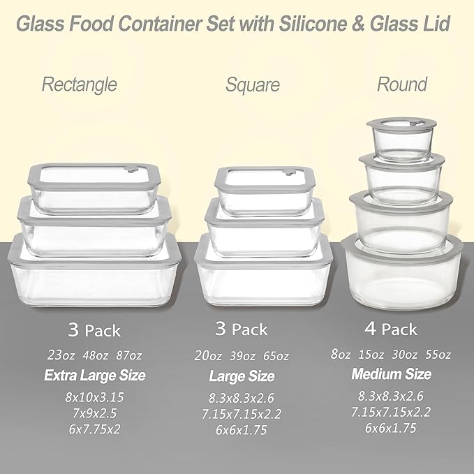 Glass Food Containers with Glass Lids, 3 Pack of Large Size, Microwave Safe Meal Prep Containers