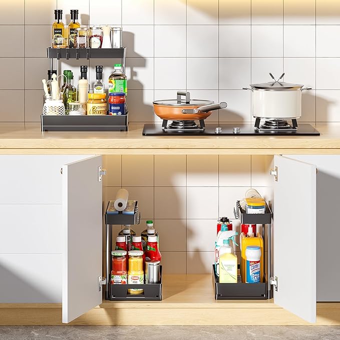 2 Pack Under Sink Organizers and Storage, 2 Tier L-Shape Pull Out Under Cabinet Organizer, Black Under Bathroom Kitchen Sink Organizer with Drawer for Under Counter Storage Organizer