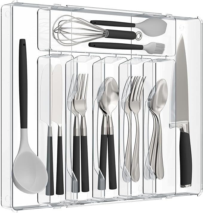 Kitsure Silverware Organizer - 8 Slots Expandable Drawer Organizer for Utensils & Cutlery, Multipurpose Kitchen Organizers and Storage Solution, Clear, 20.7″ x 14.5″ x 1.8″