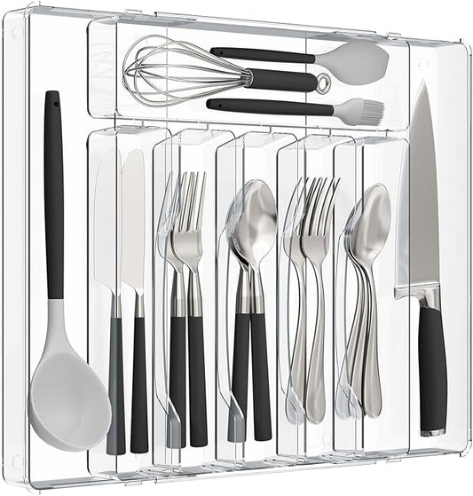 Kitsure Silverware Organizer - 8 Slots Expandable Drawer Organizer for Utensils & Cutlery, Multipurpose Kitchen Organizers and Storage Solution, Clear, 20.7″ x 14.5″ x 1.8″