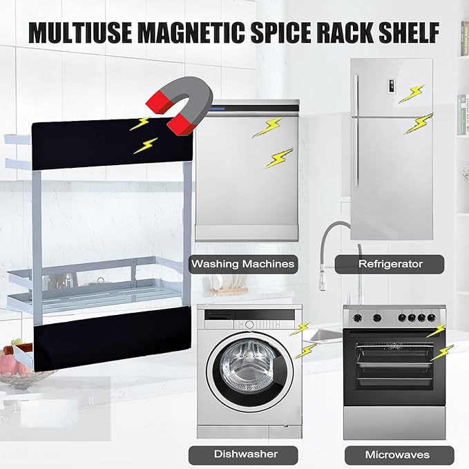 Magnetic Spice Rack for Refrigerator, Moveable Magnetic Paper Towel Holder Metal Fridge Organizer 8 Hooks for Kitchen Space Saving (White)