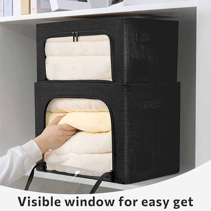 2 Pack Clothes Storage Bins Foldable Metal Frame Storage Box Linen Fabric Organizer Set with Carrying Handles and Clear Window (Black, 15.7x 11.8x 7.8Inch)
