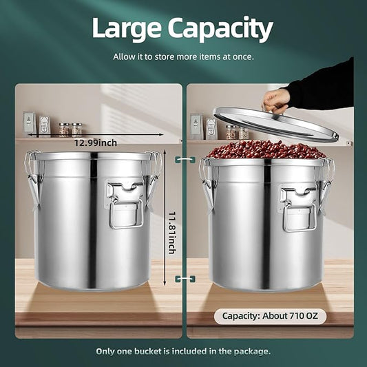 304 Stainless Steel Airtight Canister, Rice Cereal Grain Canisters Container, 6/12/21/33/48 Liters Food Bean Flour Oil Sugar Milk Cookie Storager Bucket w/Handles & Lid for Household Kitchen (21L)