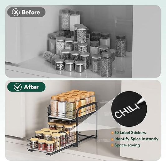 Spice Rack Organizer for Cabinet - 2-Tier Vertical Pull Out Spice Rack, Heavy Duty Metal Spice Shelf with Easy to Install Design, Fits Countertop, Cabinet & Pantry