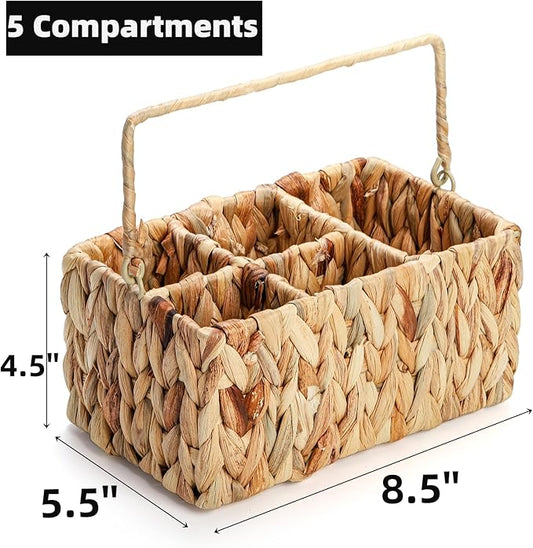 Wicker Flatware Organizer, Woven Divided Utensil Caddy, Water Hyacinth Cutlery Holder, Picnic Silverware Flatware Storage Basket Carrier with Handle for Countertop, Forks, Knives, Spoons