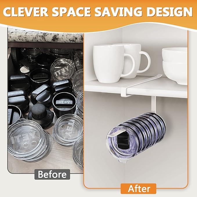 Tumbler Lid Organizer Under Cabinet, Tumbler Lid Storage Hook Up to 10 Lids, Cup Lid Organizer Space Saving Tumbler Lid Hanger for Kitchen Storage, Horizontal Paper Towel Hanger (White)