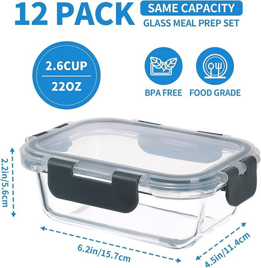 Glass Meal Prep Containers 12-Pack, 22oz Glass Food Storage Containers with Lids, Air-Tight, Leak-Resistant, Freezer to Microwave Safe-Grey Set