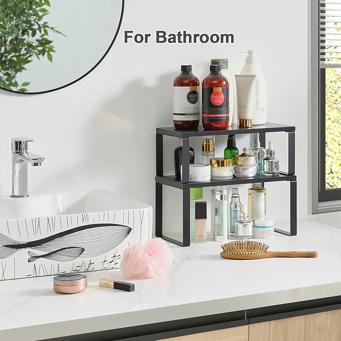 YMYNY Cabinet Shelf Organizer, Countertop Shelves Set of 2, Kitchen Spice Racks, Stackable, Storage Racks for Cupboard, Sink, Pantry, Bathroom, Black, Metal, UHSR002B