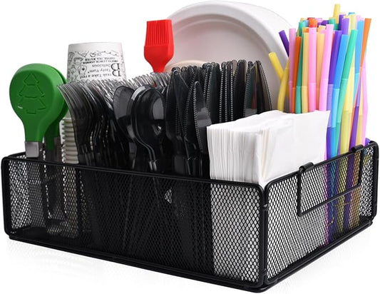 Paper Plate Organizer For Kitchen Countertop, Metal Silverware Caddy With 6 Compartments For Plate, Cup,Napkin,Paper Plate And Utensil Holder Caddy For Barbecue,Party,Camping,Picnic (BLACK)