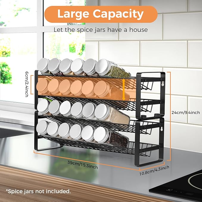 JONYJ Expandable Spice Rack Organizer for Cabinet, 4-tier Black Frosted Iron Countertop Stackable Seasoning Rack for Drawer, Wall Mount