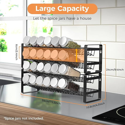 JONYJ Expandable Spice Rack Organizer for Cabinet, 4-tier Black Frosted Iron Countertop Stackable Seasoning Rack for Drawer, Wall Mount
