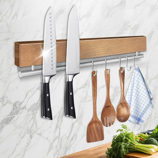 12 Inch Magnetic Knife Holder for Wall - Pailexin Wooden Magnet Knife Strip No Drill with 5 Hooks/Adhesive Tape/Screws, Kitchen Utensil Holder, Magnetic Knife Organizer, Wall Mounted Knife Storage