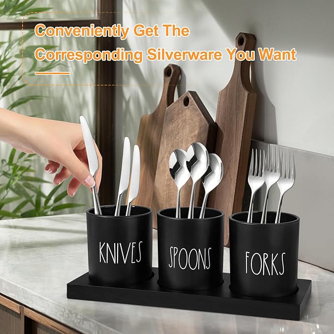 Silverware Caddy, 4 Pieces Kitchen Utensil Holder for Countertop, Black Utensil Holder for Party, Silverware Holder for Party with Wood Tray, Farmhouse Cutlery Holder Storage Organizer