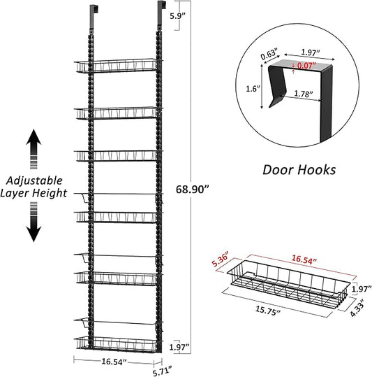 Churboro Over the Door Pantry Organizer Rack with 6 Adjustable Baskets, 6 Tiers Dual-use Spice Rack- Hanging or Wall Mount Spice Rack, Pantry Door Organizer, Black