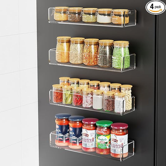 4 Pack Acrylic Spice Racks for Refrigerator and Oven, Magnetic Fridge Organizers and Storage, Clear