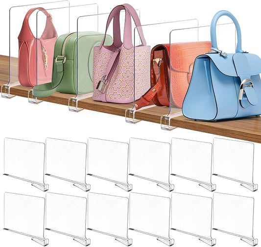 SSAWcasa Shelf Dividers for Closet Organization, 12 Pack Clear Acrylic Dividers Shelf Organizer for Wood Shelves, Bag Purse Clothes Sweater Shirt Storage Separator for Bedroom Wardrobe Kitchen