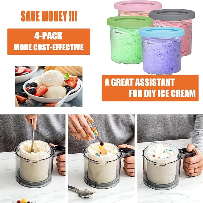 16oz Ice Cream Containers Replacement for Ninja Creami Pints, 4 Pack Creami Pint Containers Compatible with NC301 NC300 NC299AMZ NC290 Series Ice Cream Maker, BPA-Free, Airtight & Dishwasher Safe