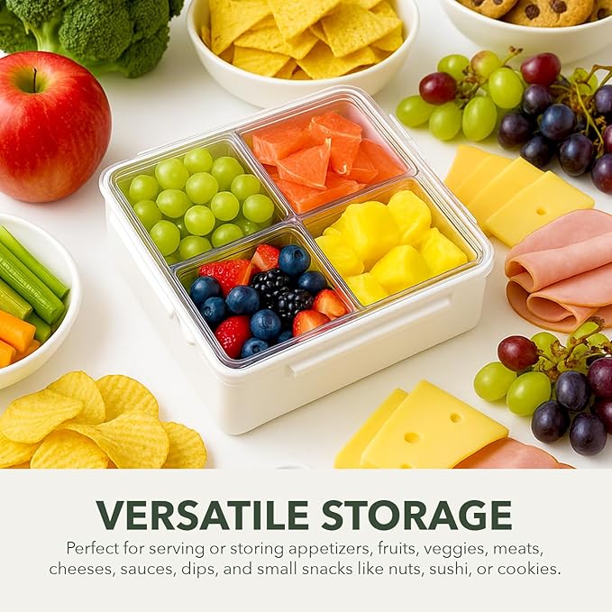 Gourmet Palette Airtight 4-Compartment Serving Tray with Lid – Portable Charcuterie Container, Snack Box, Removable Dividers, Snackle Platter for Fruit, Veggies, Appetizers, Square Design