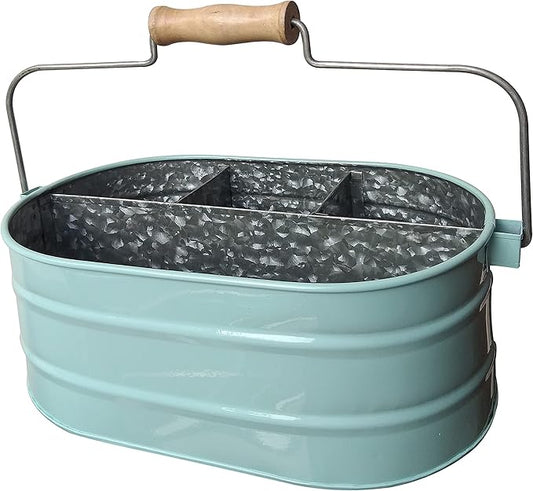 Galvanized Metal Caddy with 4 Compartments, Rustic Farmhouse Kitchen Indoor Outdoor Picnic Utensil Holder, Multipurpose Storage Bin, Metal Garden Planters - 12 Inch - Aqua